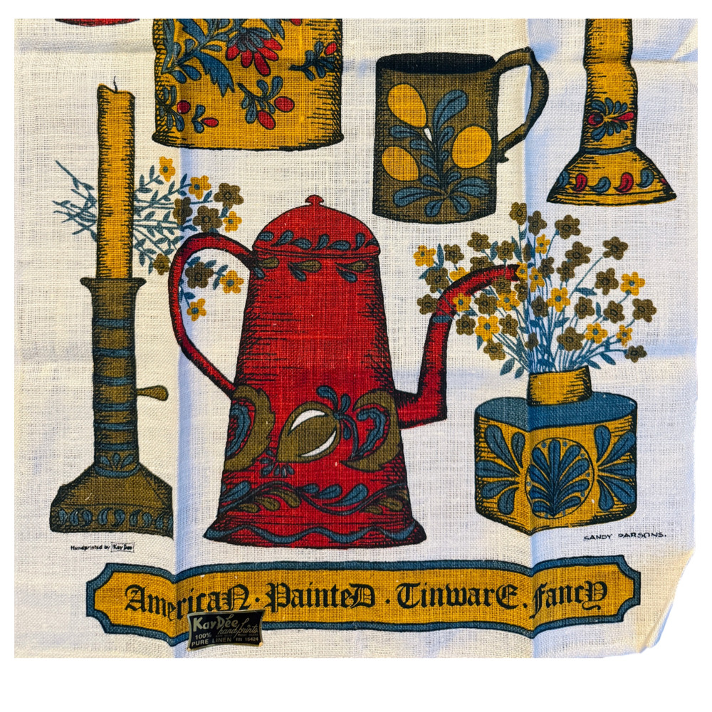 Vintage Linen Tea Towel Kay Dee + Sticker American Painted Tinware Fancy MCM NWT